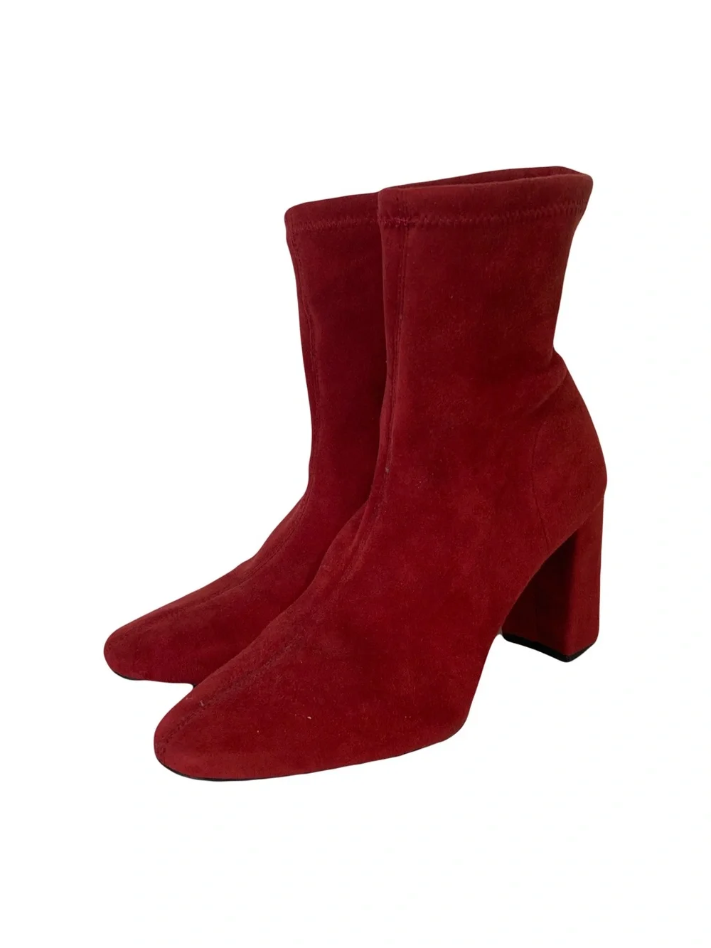 H&M Boots 39/US 9 Red Faux-Suede Ankle Stack Block-Heel